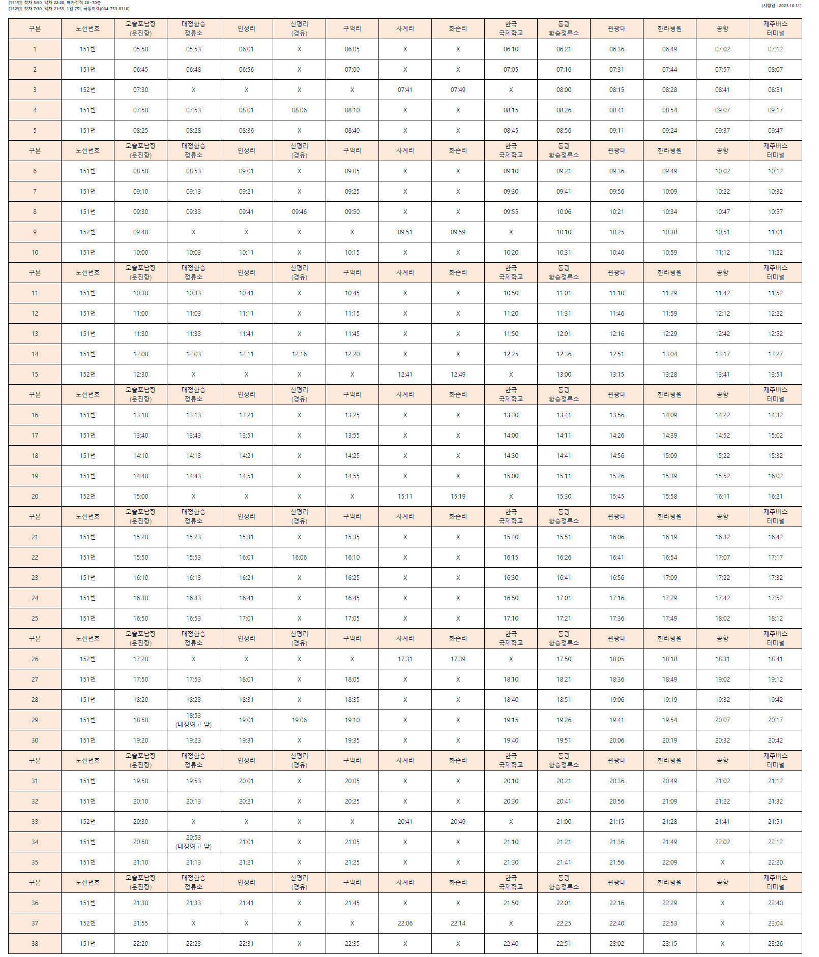 제주공항 모슬포 버스 151번 152번 제주공항 방면 시간표