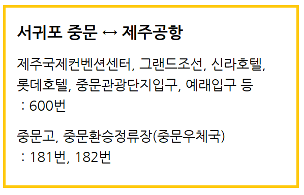 서귀포 중문 제주공항 버스 번호를 정리한 사진