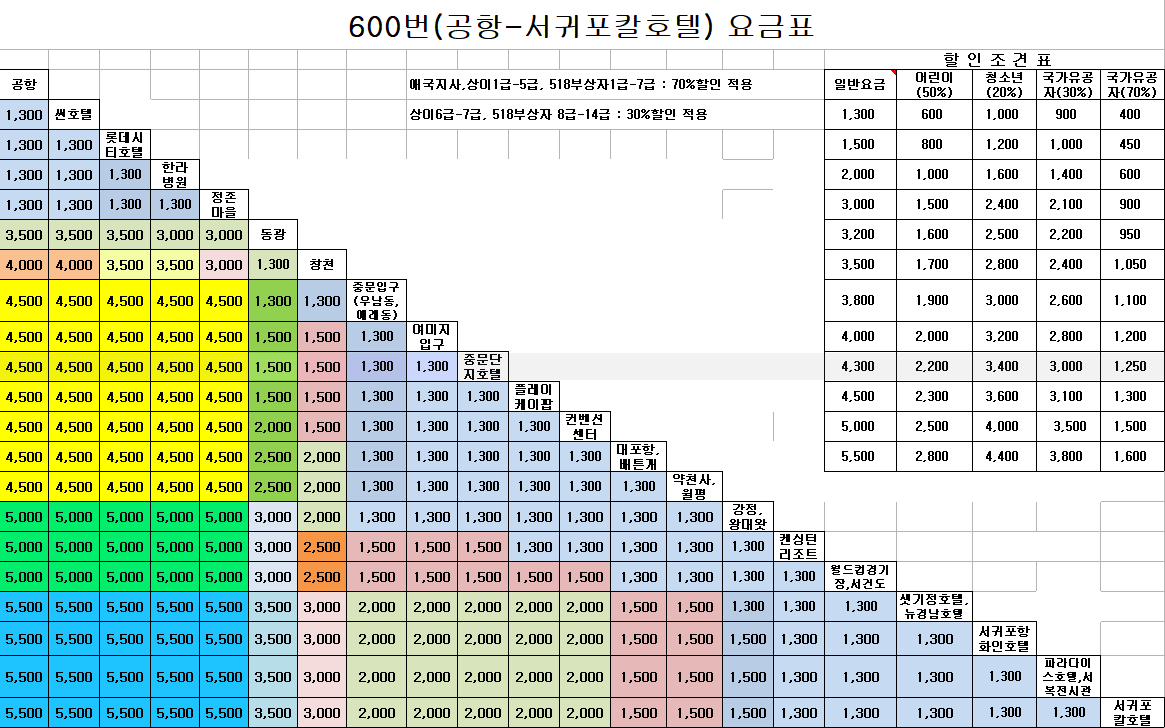 중문에서 제주공항 버스 600번 요금표